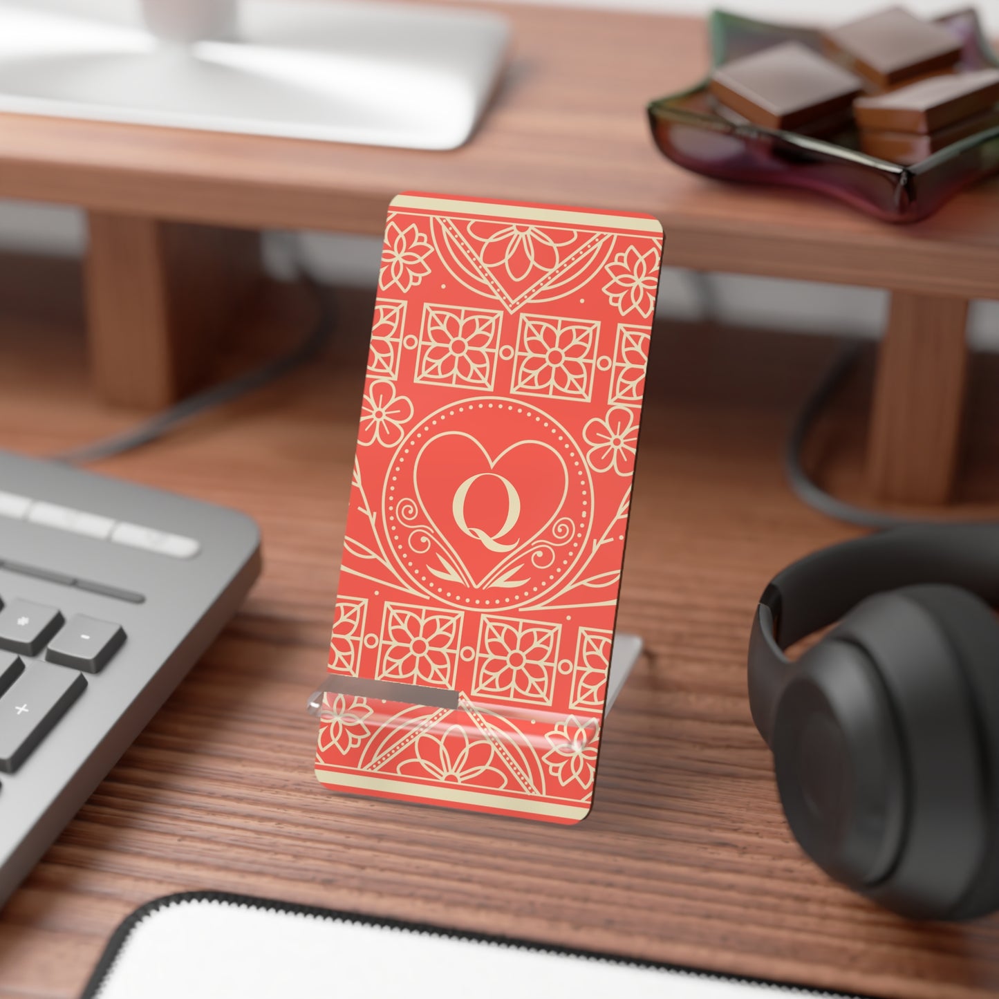 Phone Stand — Coral Heart Monogram Mobile Display Stand