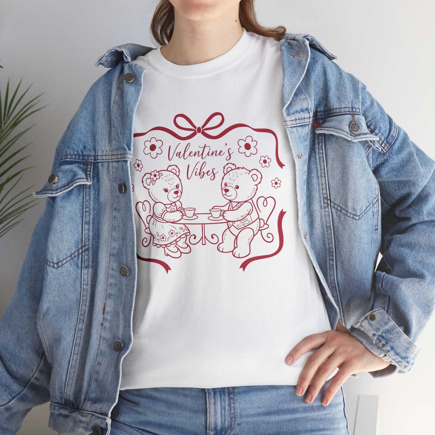 Valentine's Day Bear Couples Tee – 'Valentine's Vibes' Cute Heart Design