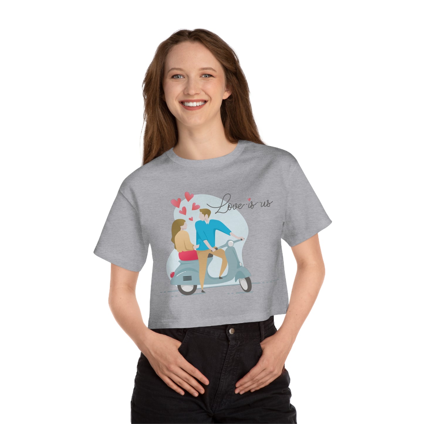 Romantic Scooter Couple Cropped T-Shirt — "Love is Us" Graphic