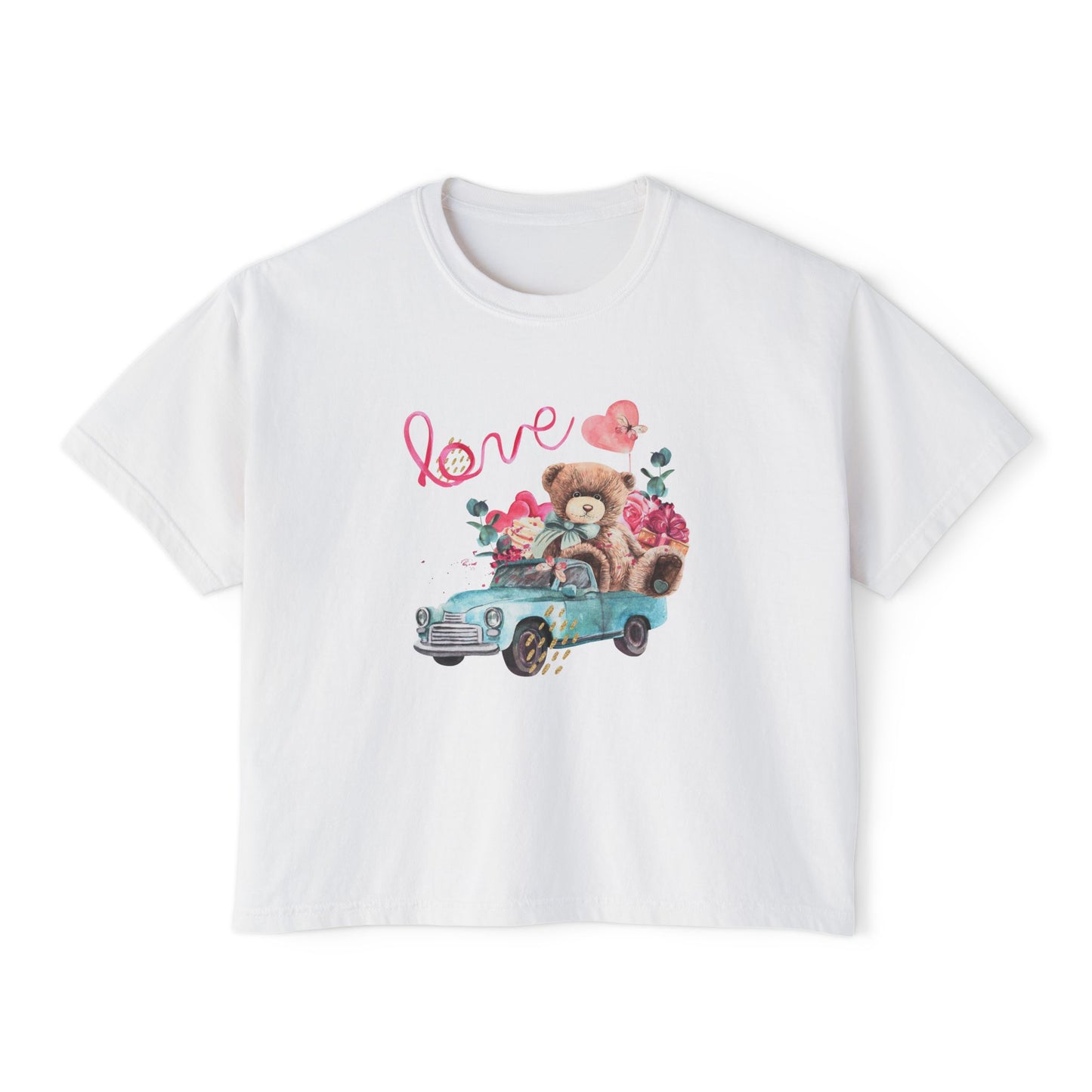 Love Bear Vintage Car Boxy Tee — Cute Valentine's Women's Shirt