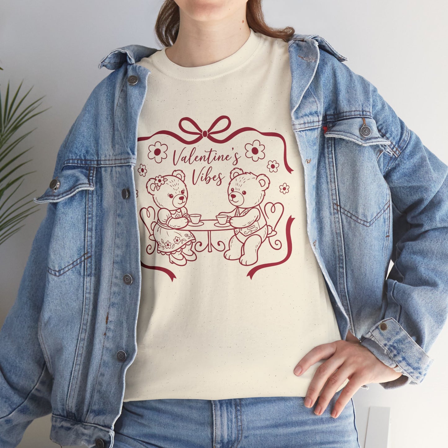 Valentine's Day Bear Couples Tee – 'Valentine's Vibes' Cute Heart Design