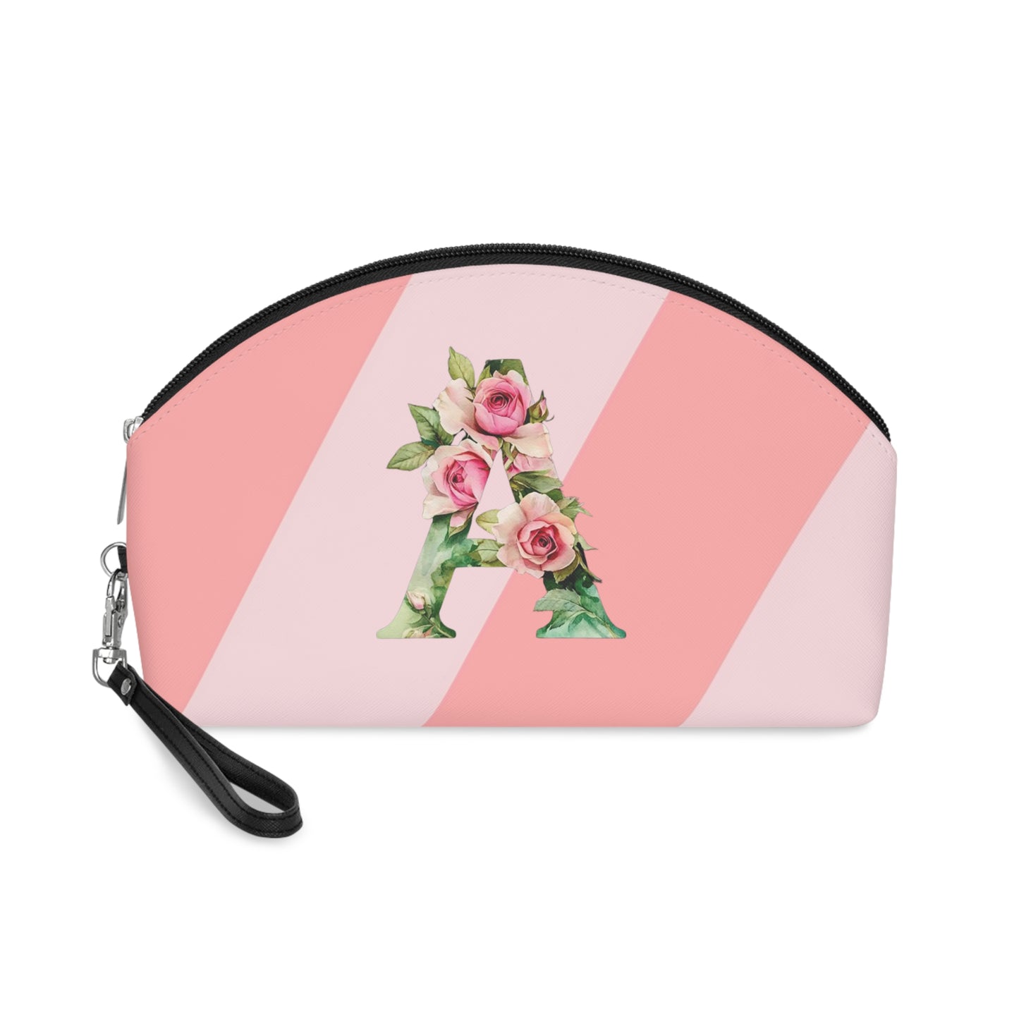 Floral Monogram 'A' Makeup Bag — Pink Striped Cosmetic Pouch