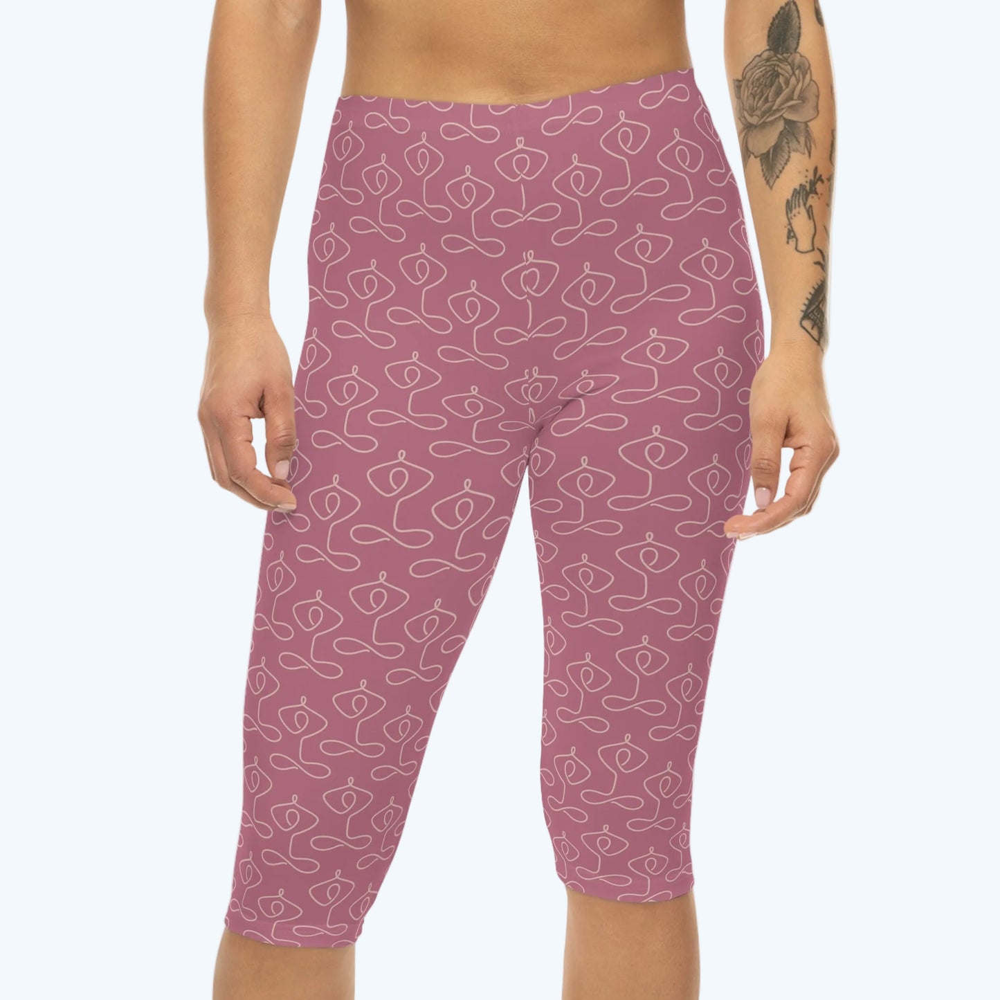 Pink Lotus Pattern Capri Leggings —Yoga Activewear