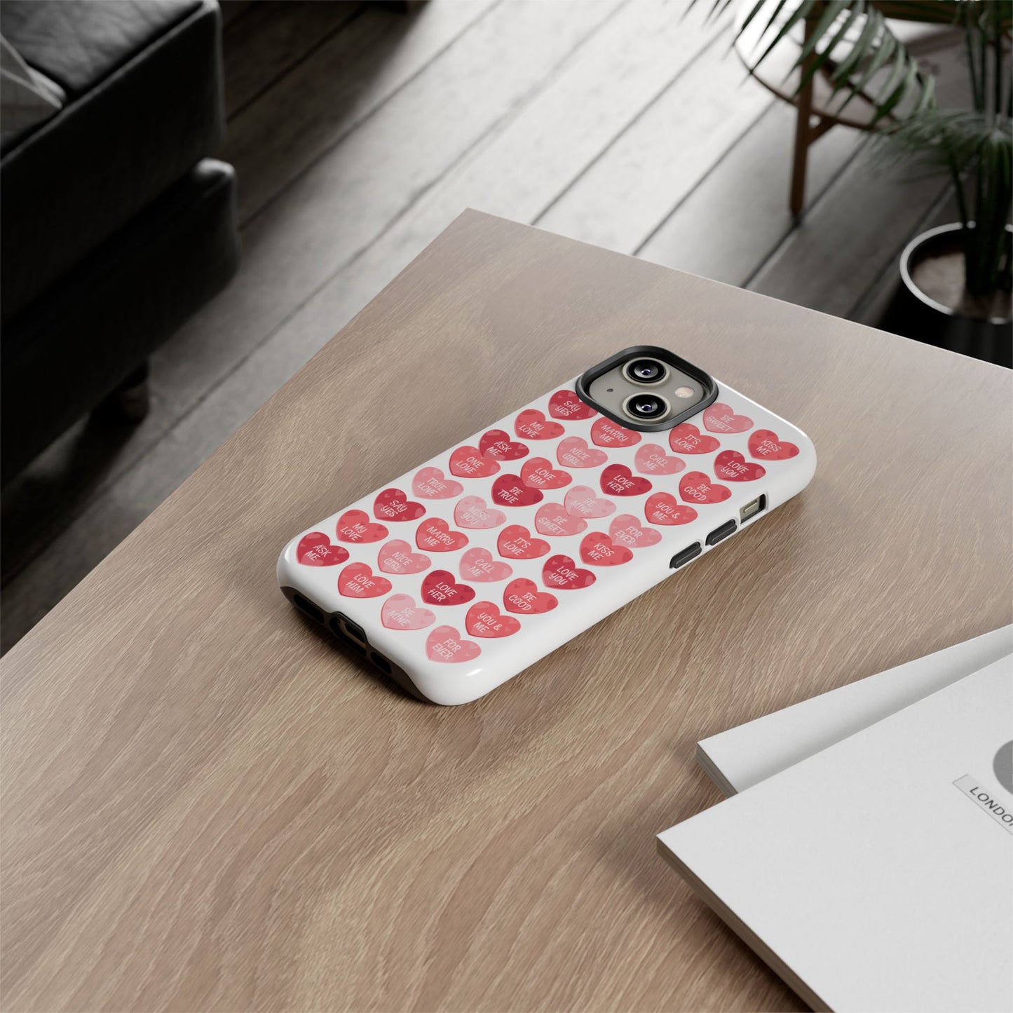 Phone Case — Pink Conversation Heart Pattern, Valentine’s Day Love Messages