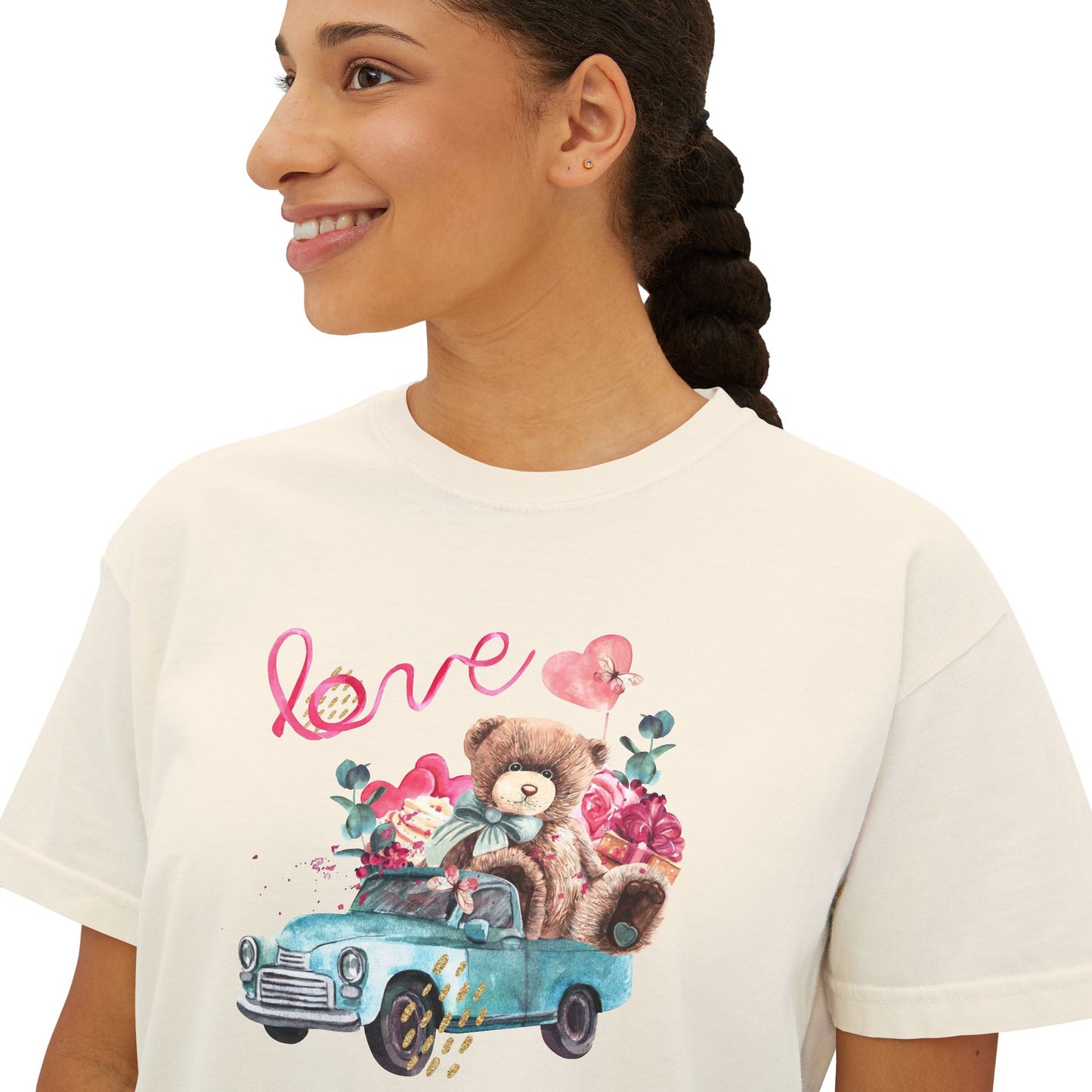 Love Bear Vintage Car Boxy Tee — Cute Valentine's Women's Shirt