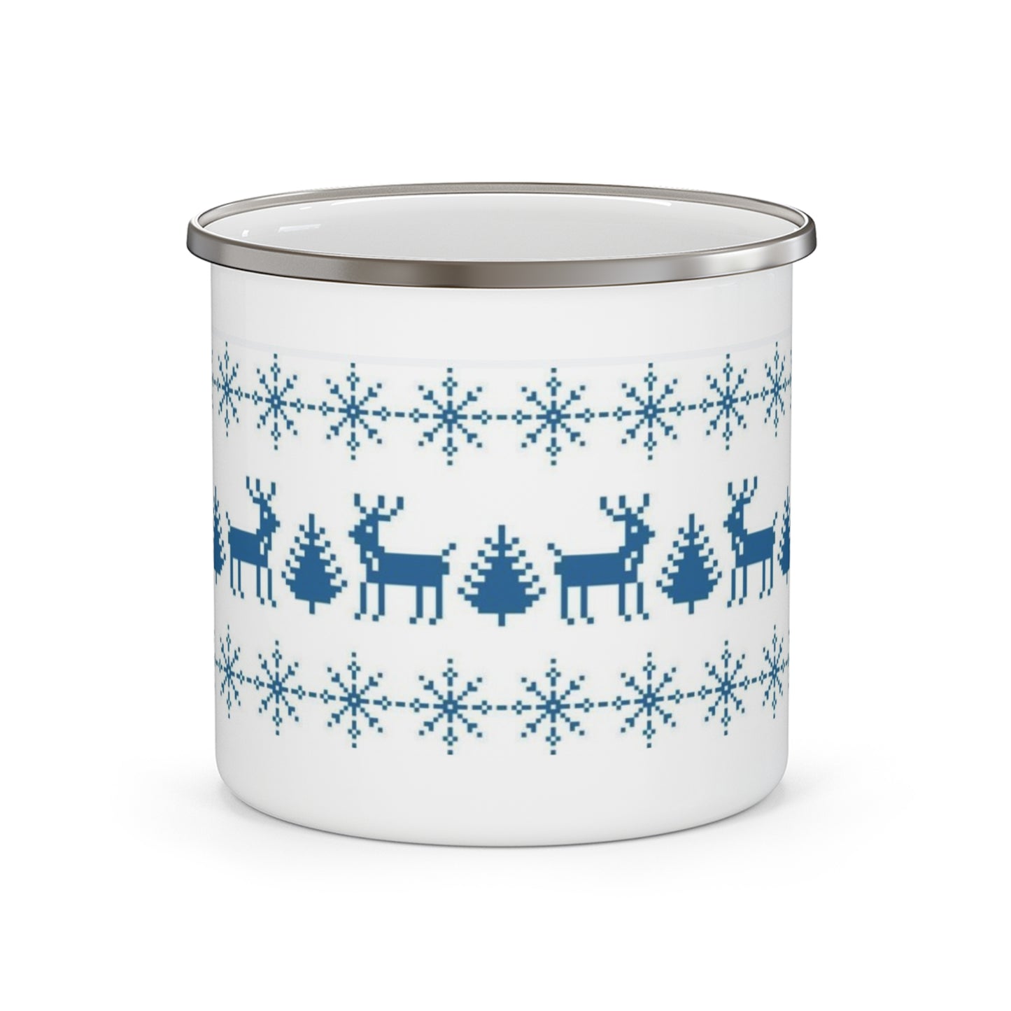 Nordic Reindeer Enamel Camping Mug — Blue Snowflake Holiday Camp Cup