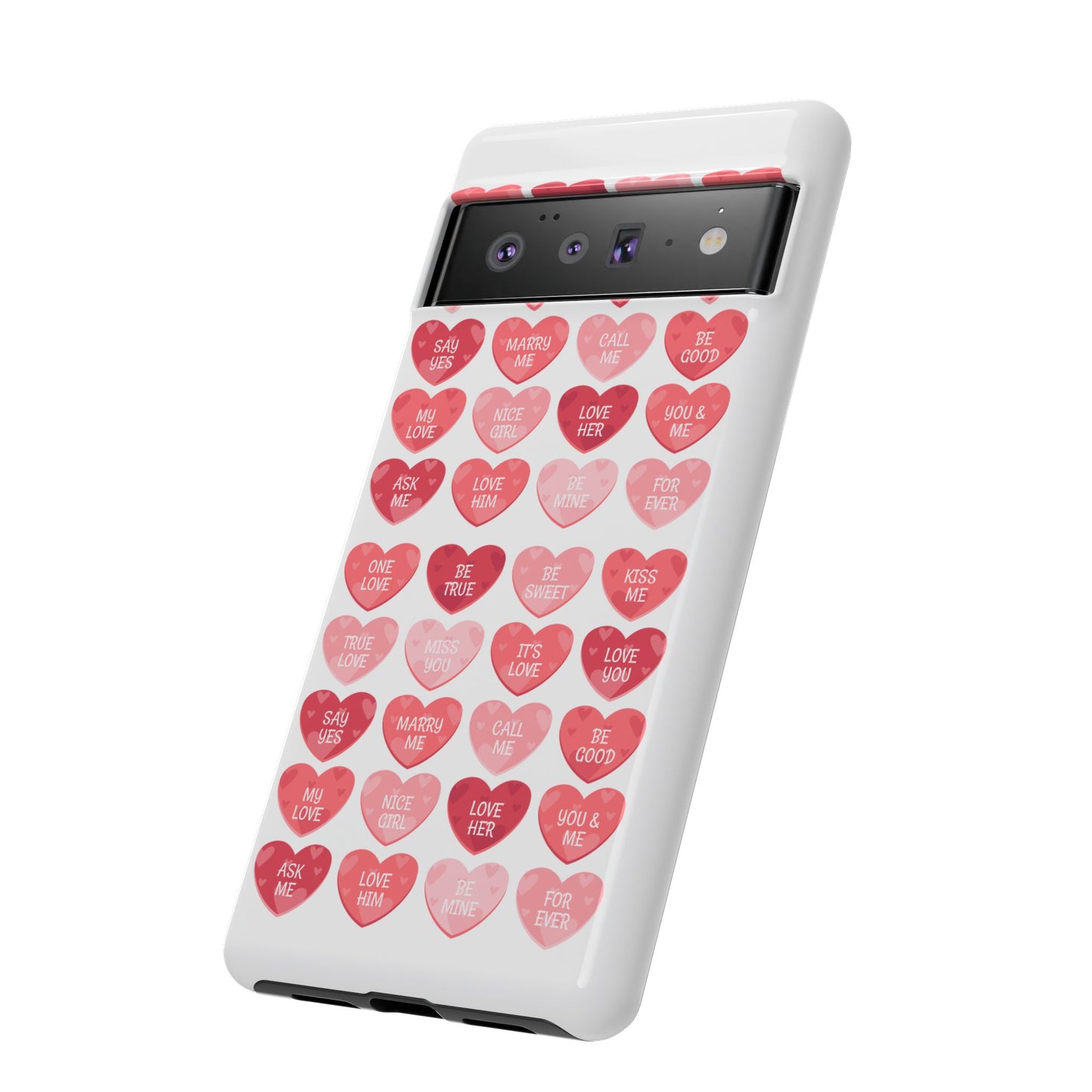 Phone Case — Pink Conversation Heart Pattern, Valentine’s Day Love Messages