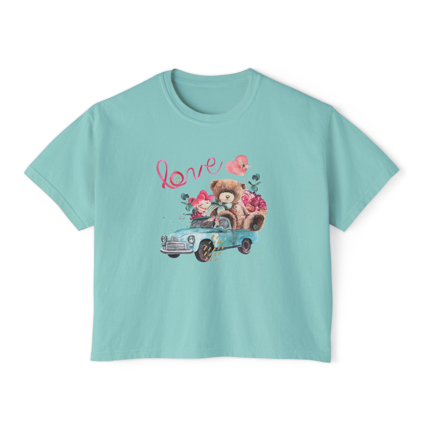 Love Bear Vintage Car Boxy Tee — Cute Valentine's Women's Shirt