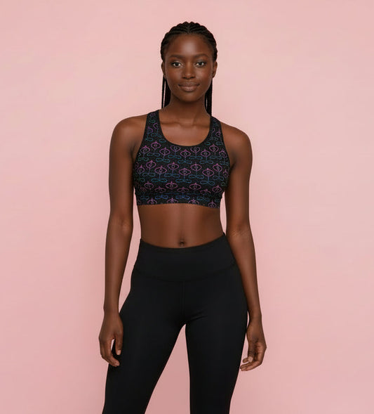 Yoga Pose Pattern Sports Bra — Black & Purple Seamless Activewear