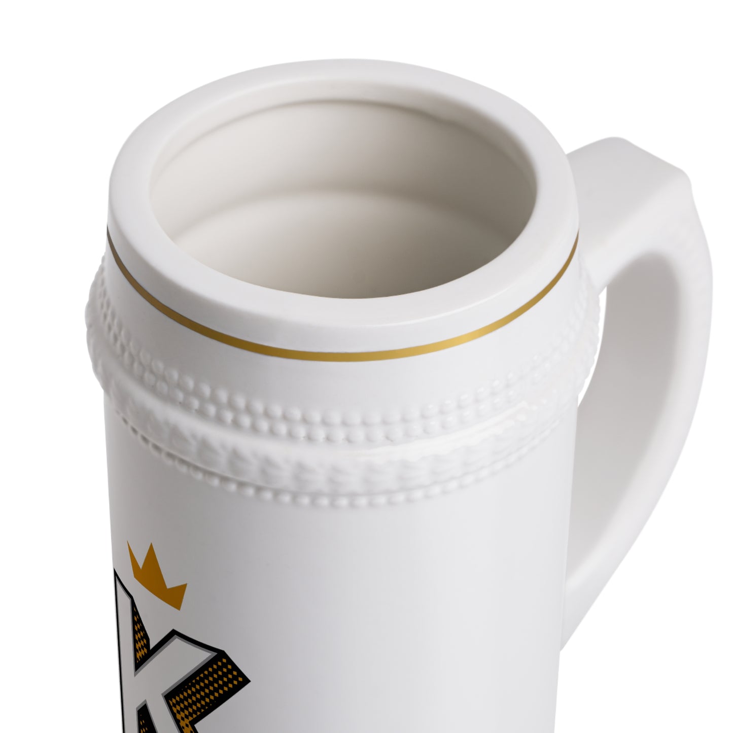 K Crown Beer Stein Mug — Vintage Monogram 'K' with Heart, Gift for King/Beer Lovers