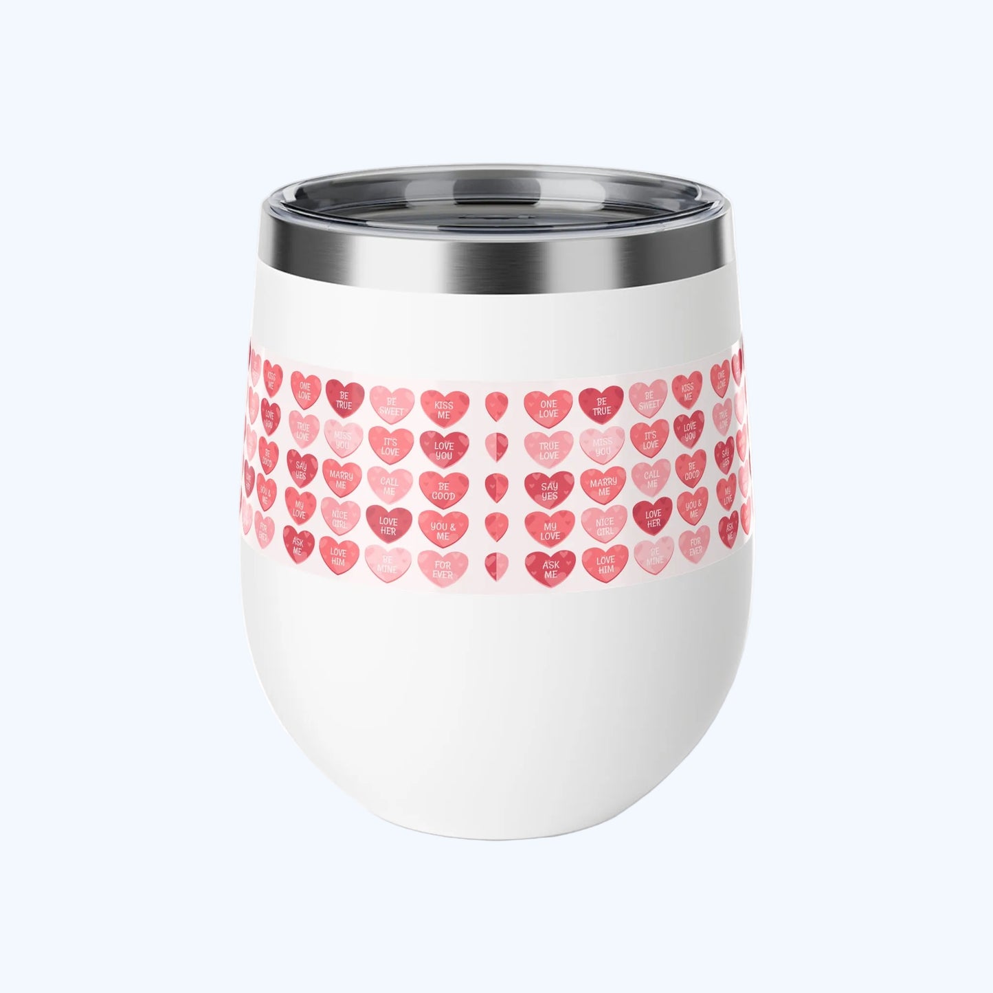 12oz Insulated Stemless Cup — Pink Watercolor Conversation Hearts Pattern