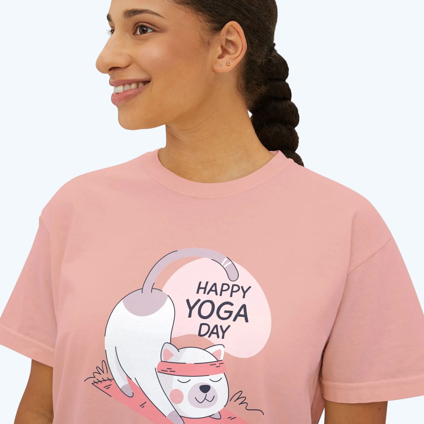 Women's Tee — Cute "Happy Yoga Day" Cat Pose Graphic