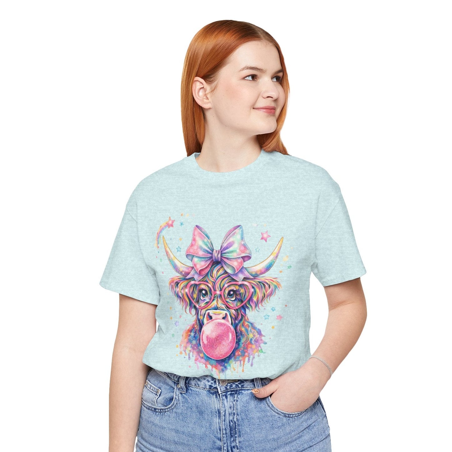 Cute Colorful Cow Tee – Bubblegum Cow with Bow Graphic T-Shirt