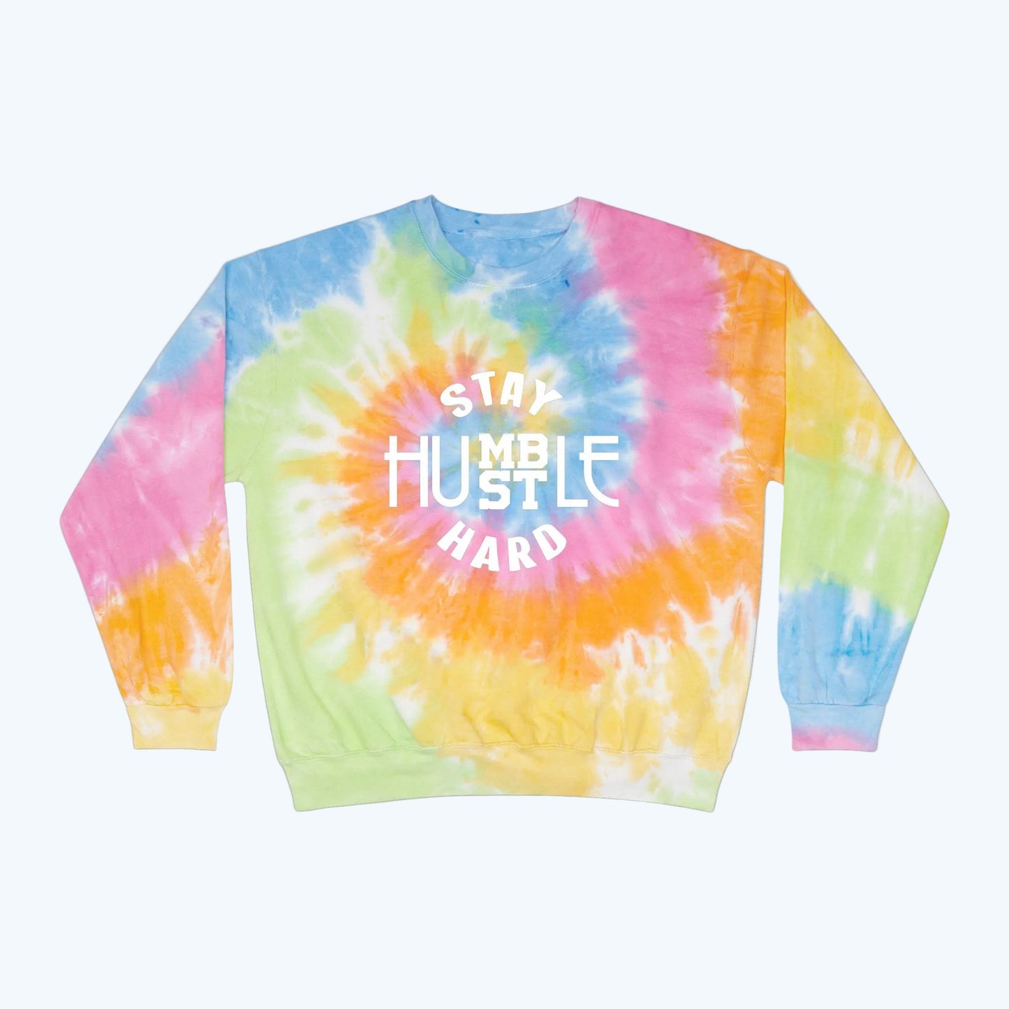 Stay Humble Hustle Hard Tie-Dye Sweatshirt — Light Blue Spiral Crewneck