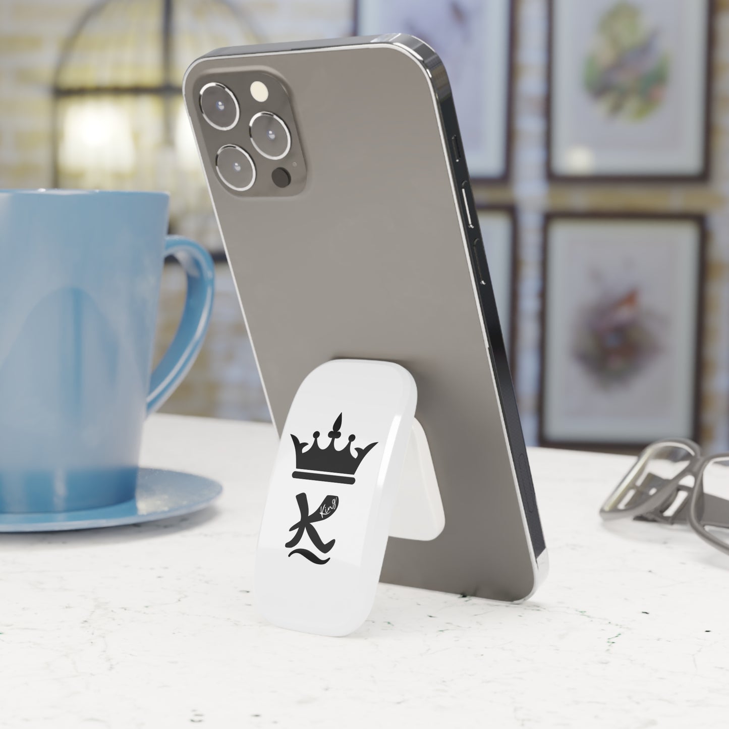 King Initial Phone Grip — Crown K Click-On Stand & Holder