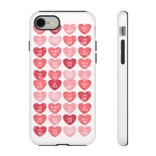 Phone Case — Pink Conversation Heart Pattern, Valentine’s Day Love Messages
