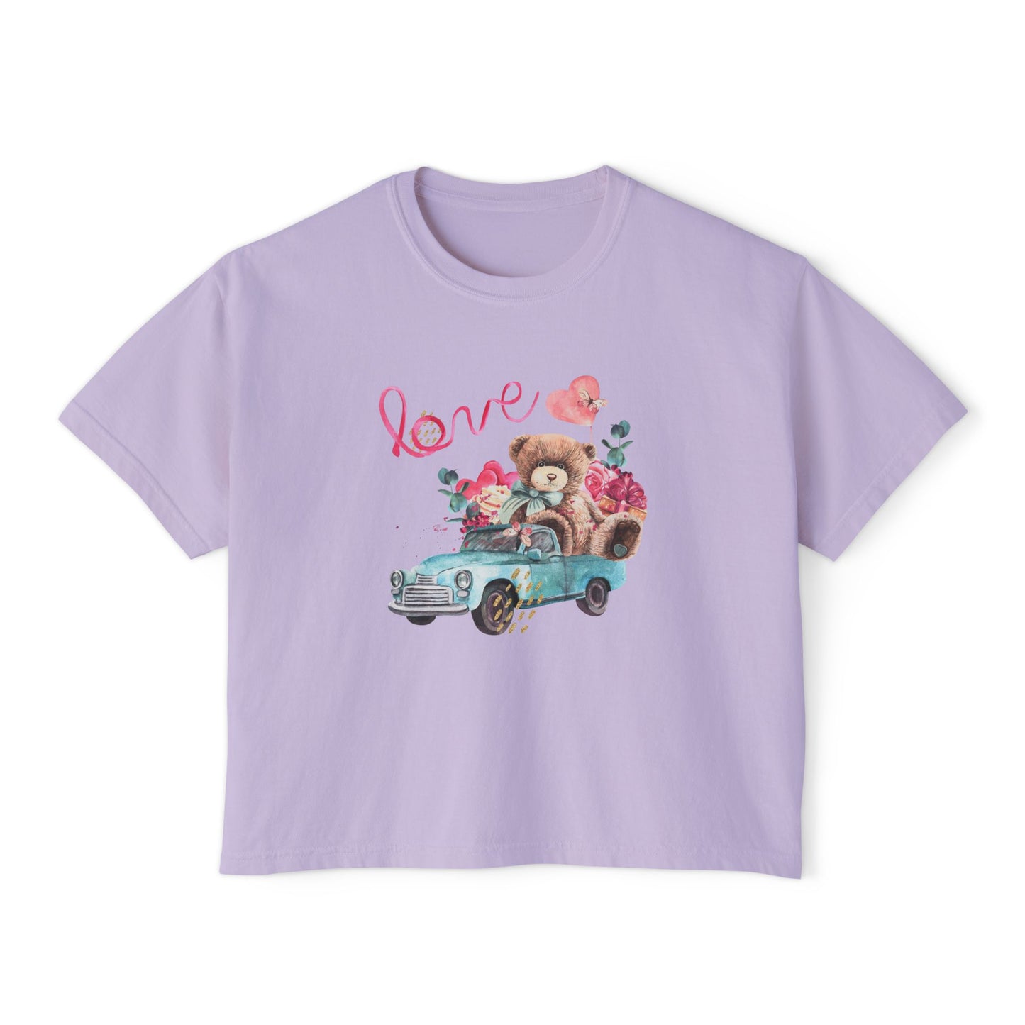 Love Bear Vintage Car Boxy Tee — Cute Valentine's Women's Shirt