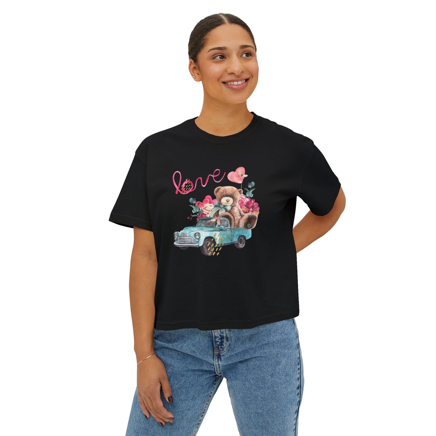 Love Bear Vintage Car Boxy Tee — Cute Valentine's Women's Shirt