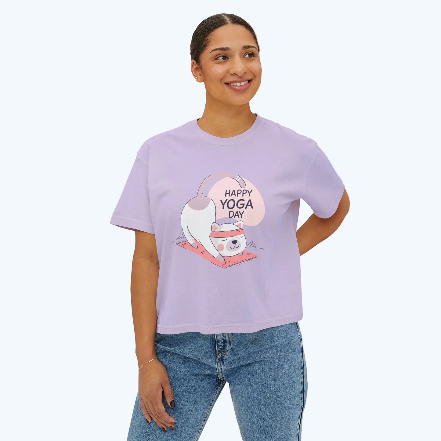 Women's Tee — Cute "Happy Yoga Day" Cat Pose Graphic