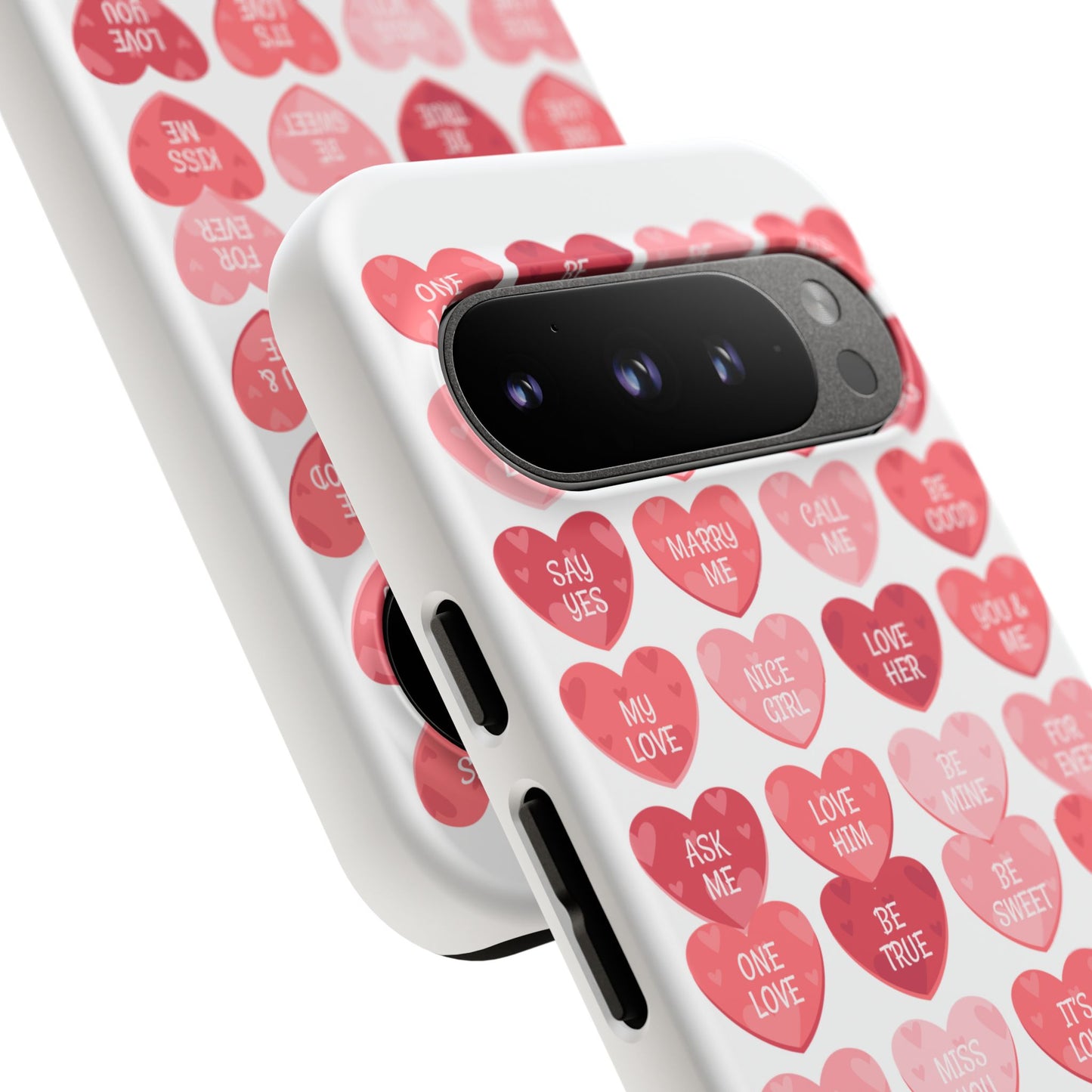 Phone Case — Pink Conversation Heart Pattern, Valentine’s Day Love Messages