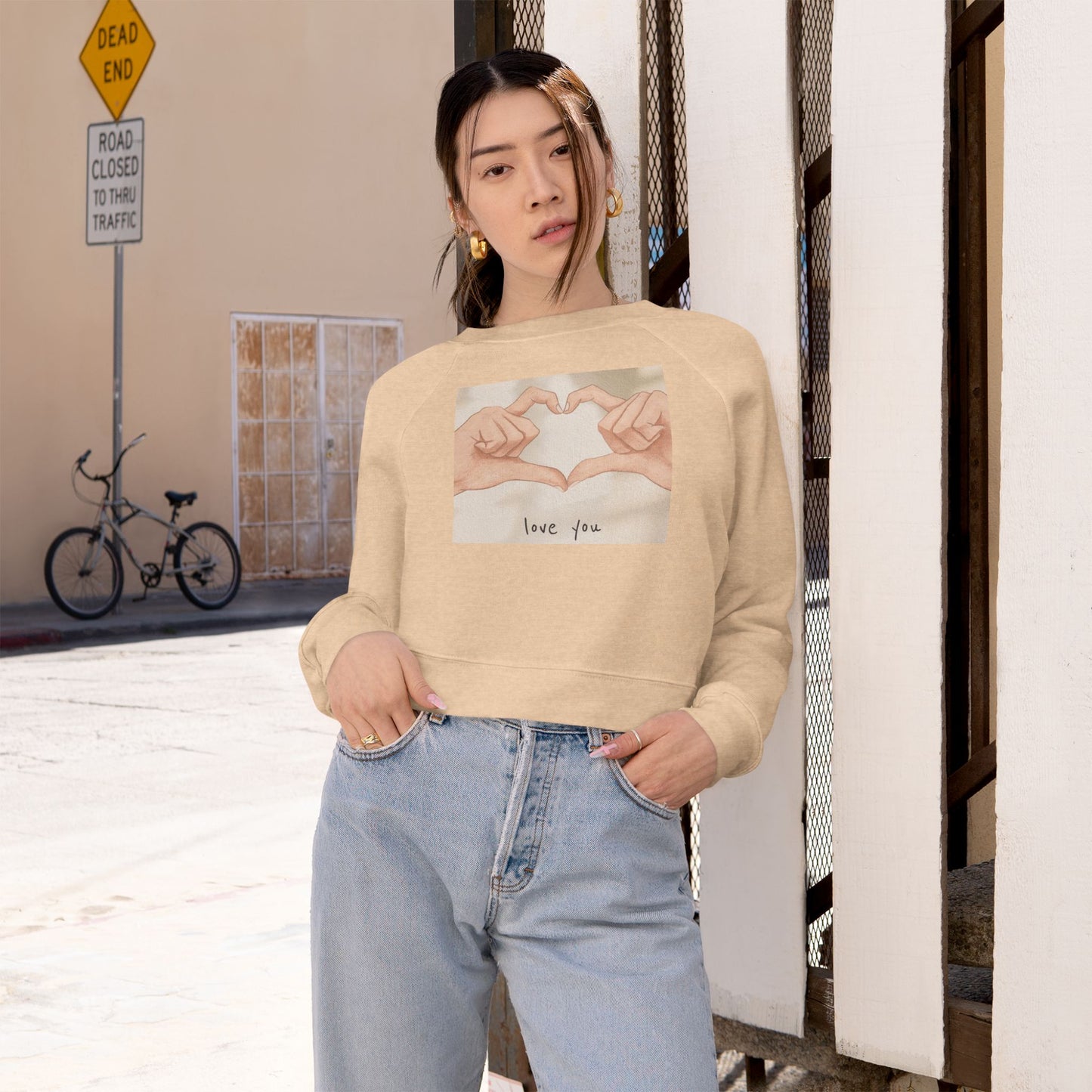 Cropped Pullover — 'Love You' Heart Hands Cozy Women's Sweatshirt