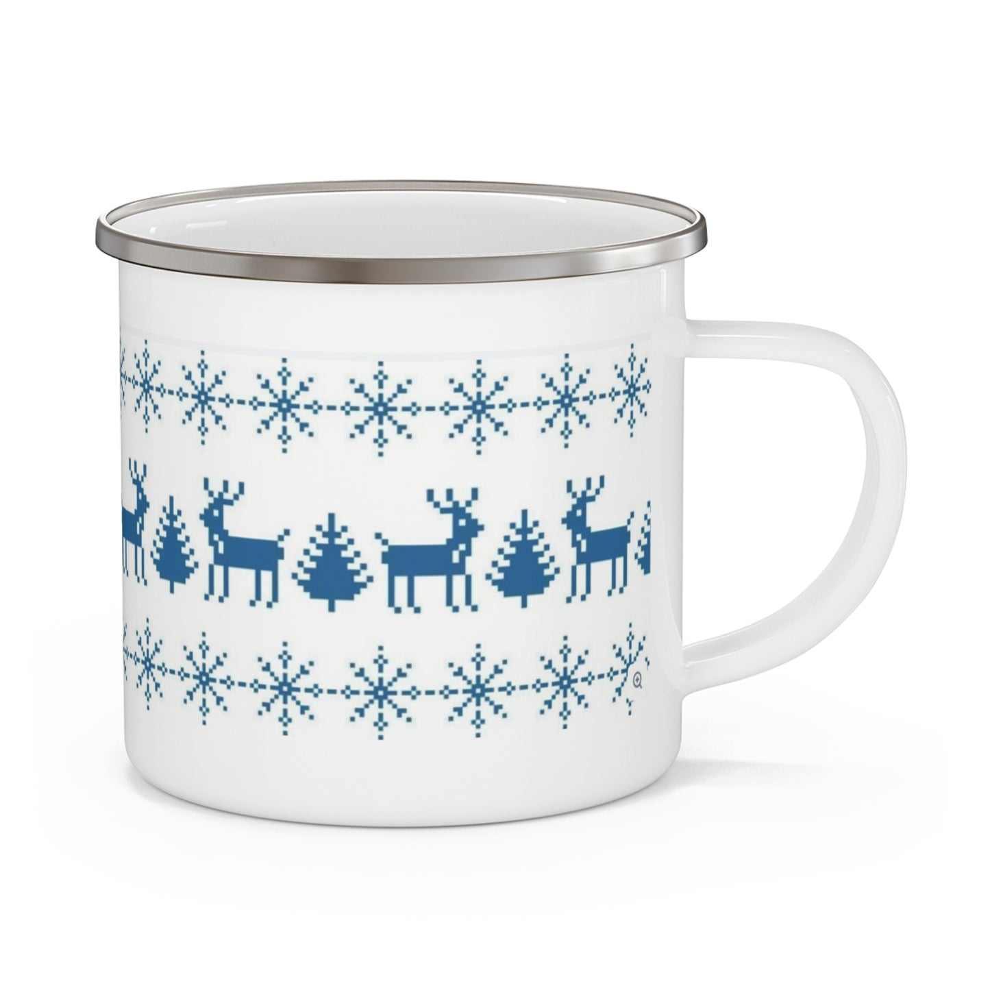Nordic Reindeer Enamel Camping Mug — Blue Snowflake Holiday Camp Cup