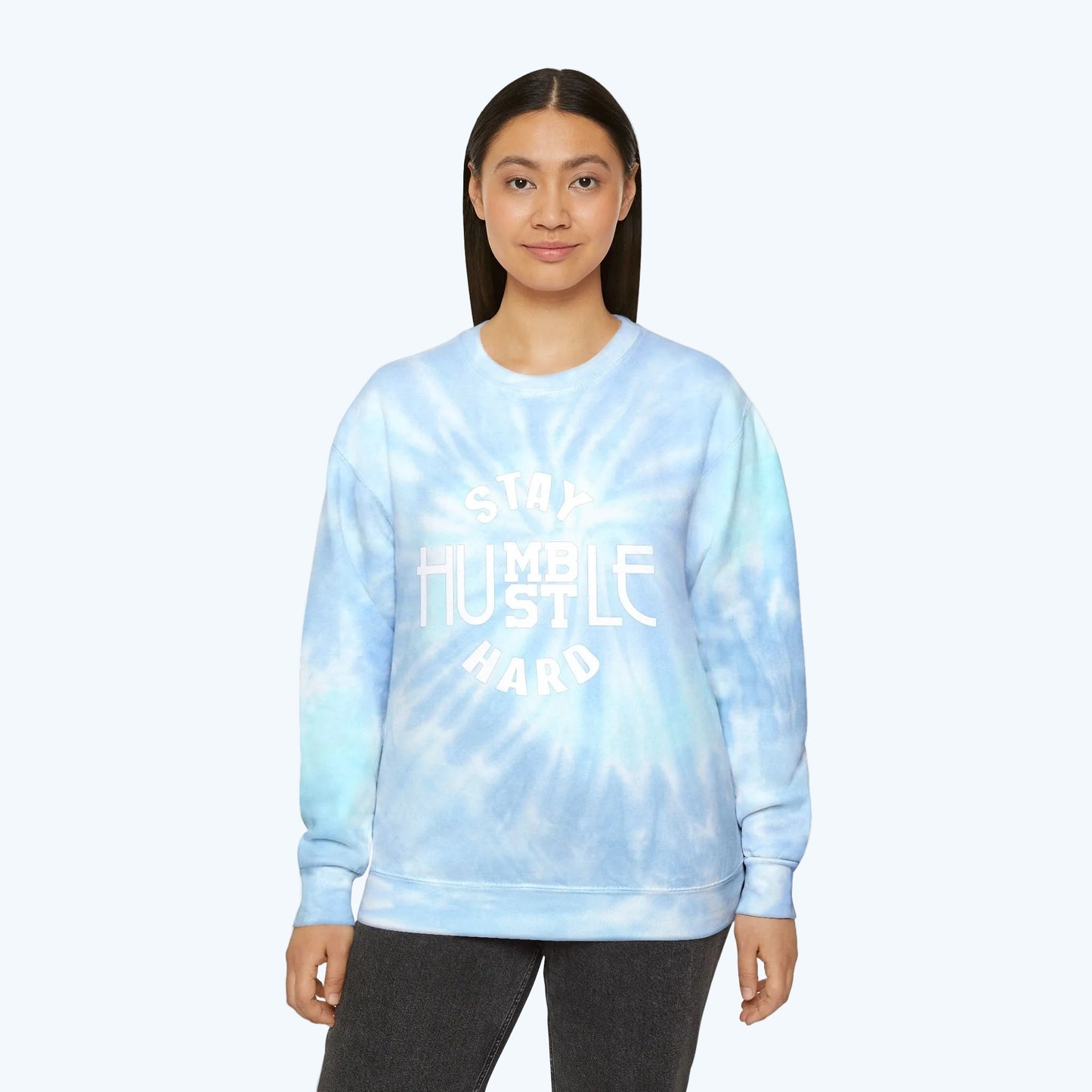 Stay Humble Hustle Hard Tie-Dye Sweatshirt — Light Blue Spiral Crewneck