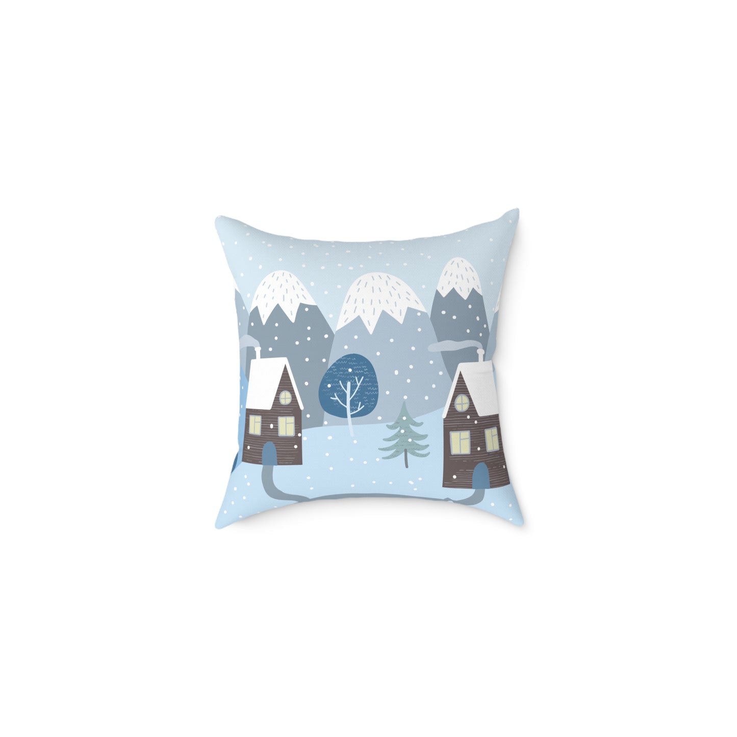 Winter Village Square Throw Pillow — Cozy Snowy Mountain Scene Decorative Cushion
