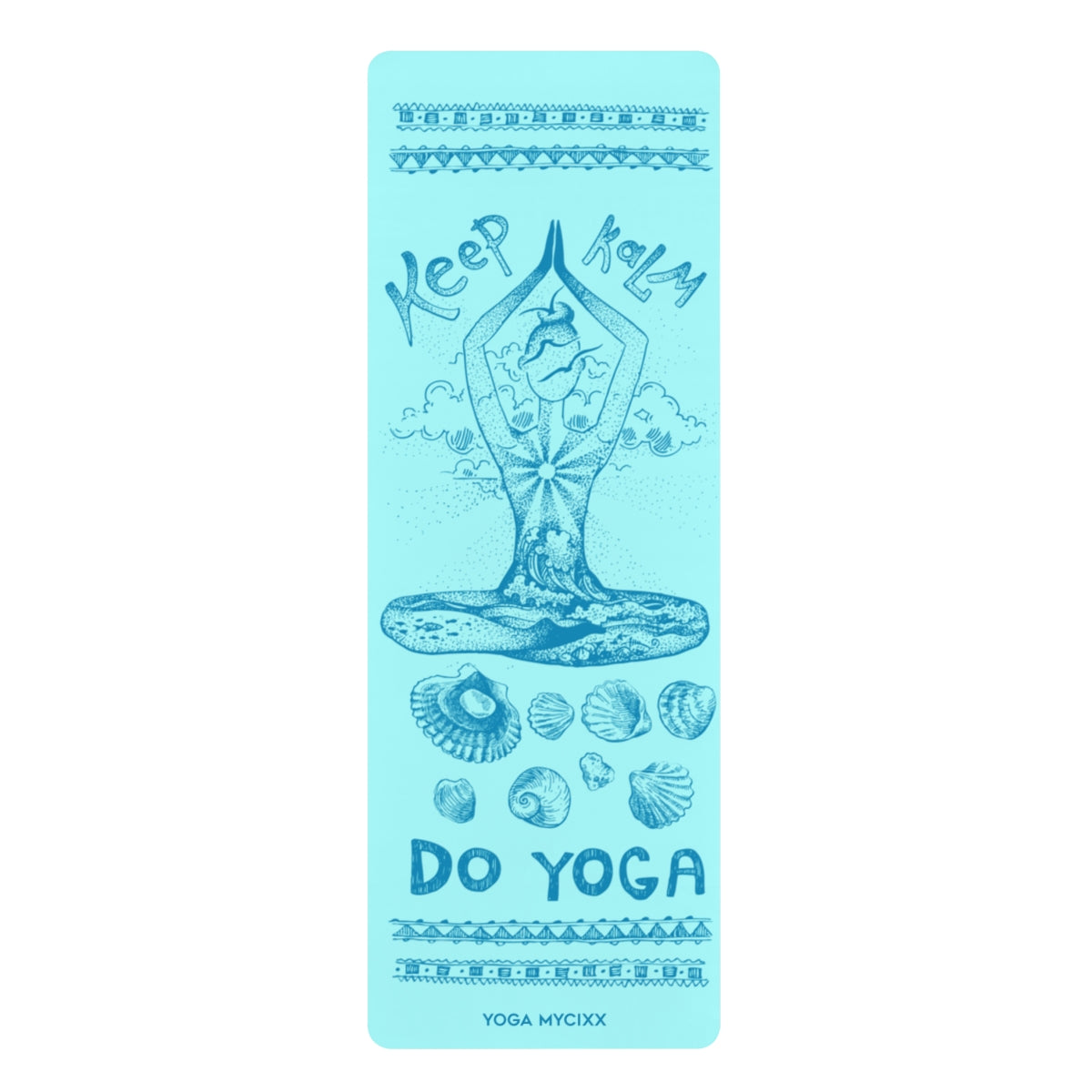 Keep Calm Do Yoga Rubber Yoga Mat — Seafoam Meditation Mat with Shells Design