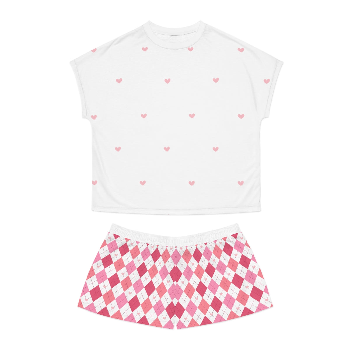 Women's Pink Argyle Heart Short Pajama Set — Cute Sleepwear Shorts & Tee