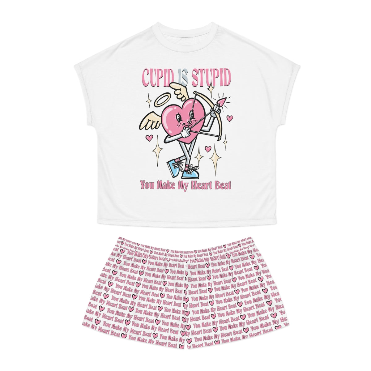 Cupid Is Stupid Women’s Short Pajama Set — Cute Valentine Heart Graphic Sleepwear