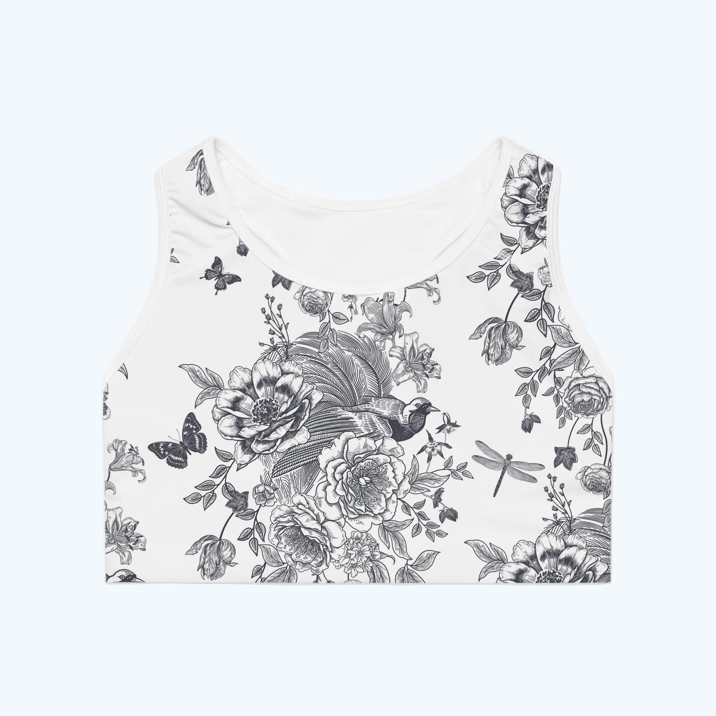 Floral Sketch Sports Bra — Monochrome Botanical Racerback