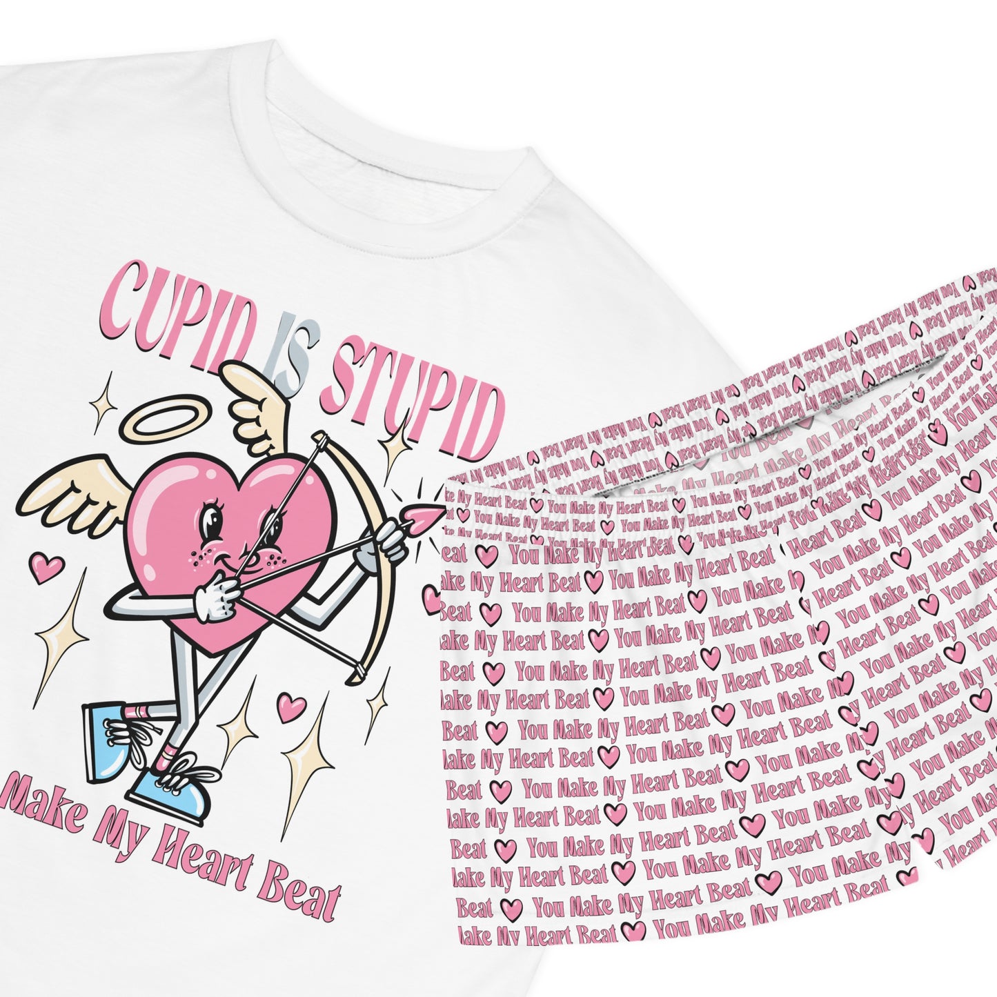 Cupid Is Stupid Women’s Short Pajama Set — Cute Valentine Heart Graphic Sleepwear