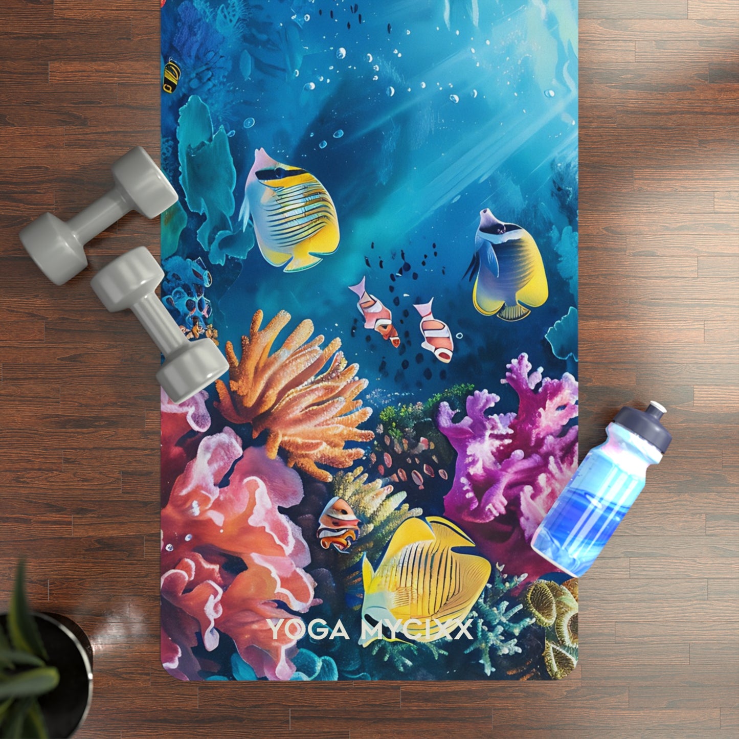 Tropical Reef Rubber Yoga Mat — Colorful Underwater Fish & Coral Design