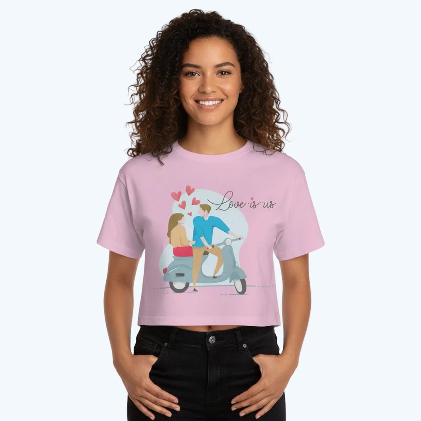 Romantic Scooter Couple Cropped T-Shirt — "Love is Us" Graphic