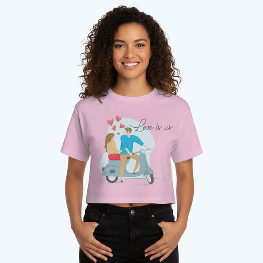 Romantic Scooter Couple Cropped T-Shirt — "Love is Us" Graphic