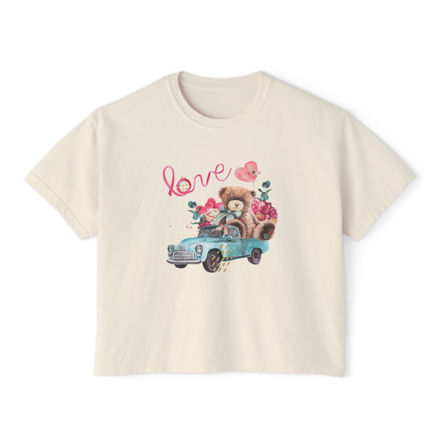 Love Bear Vintage Car Boxy Tee — Cute Valentine's Women's Shirt