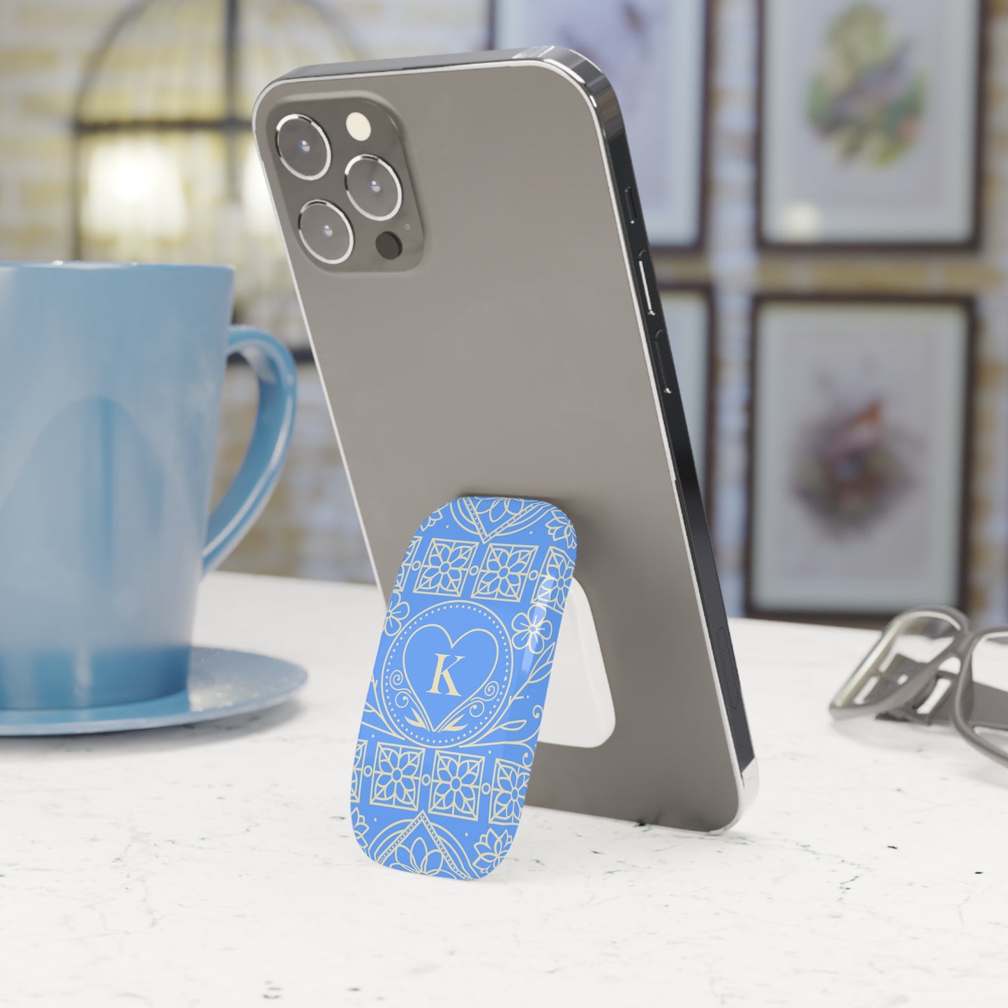 Monogram Heart Phone Grip — Blue Floral Click-On Stand (Letter K)
