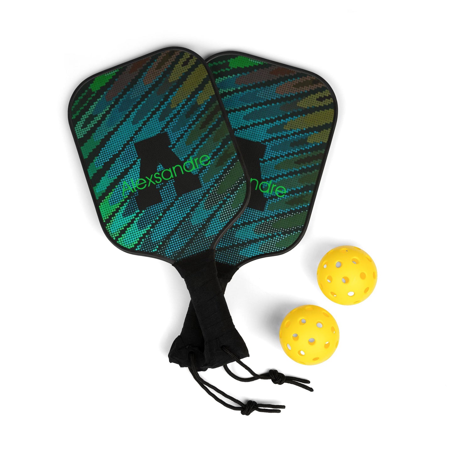 Pickleball Paddle Kit — Green Wave Pattern Pickleball Set (2 Paddles + 2 Balls)