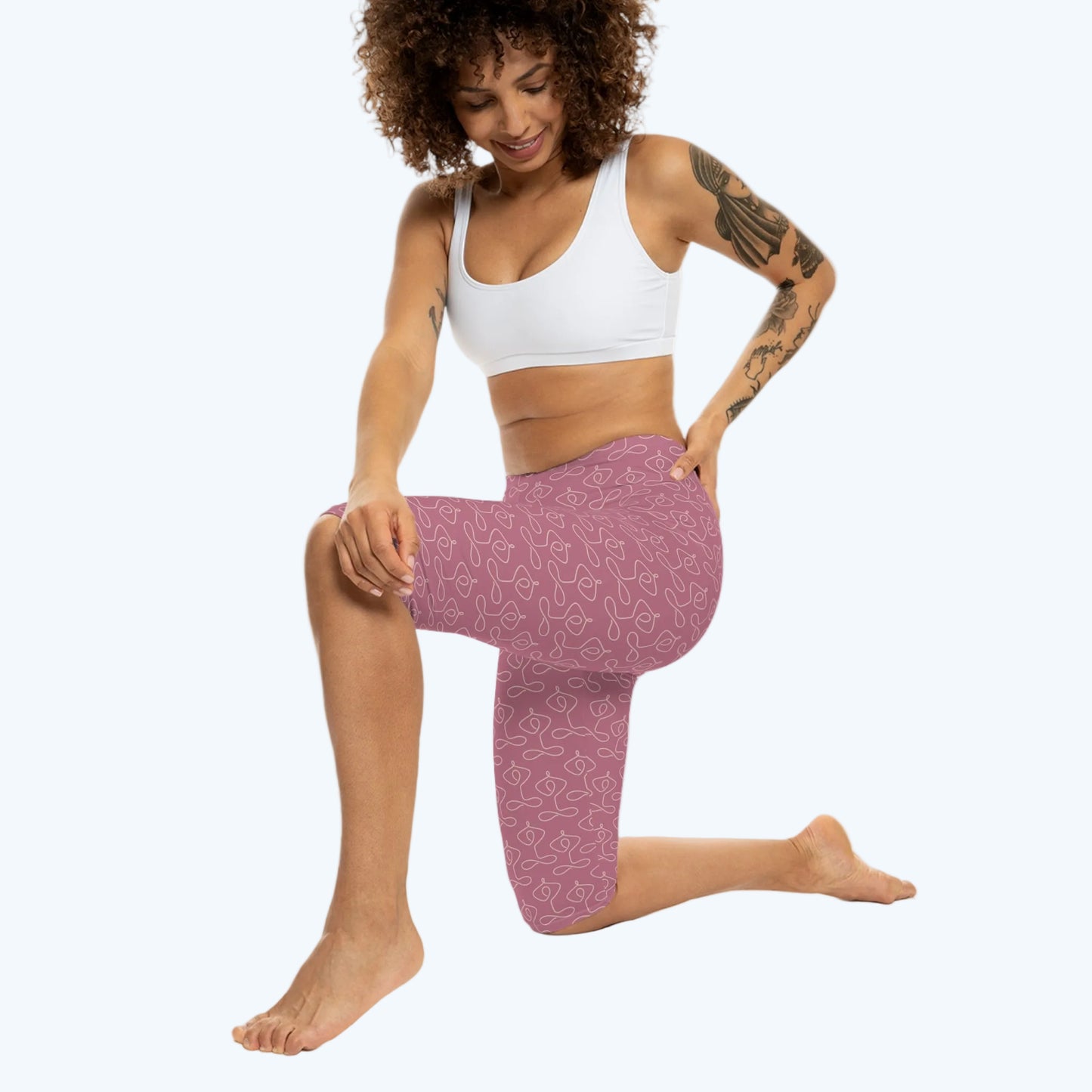 Pink Lotus Pattern Capri Leggings —Yoga Activewear