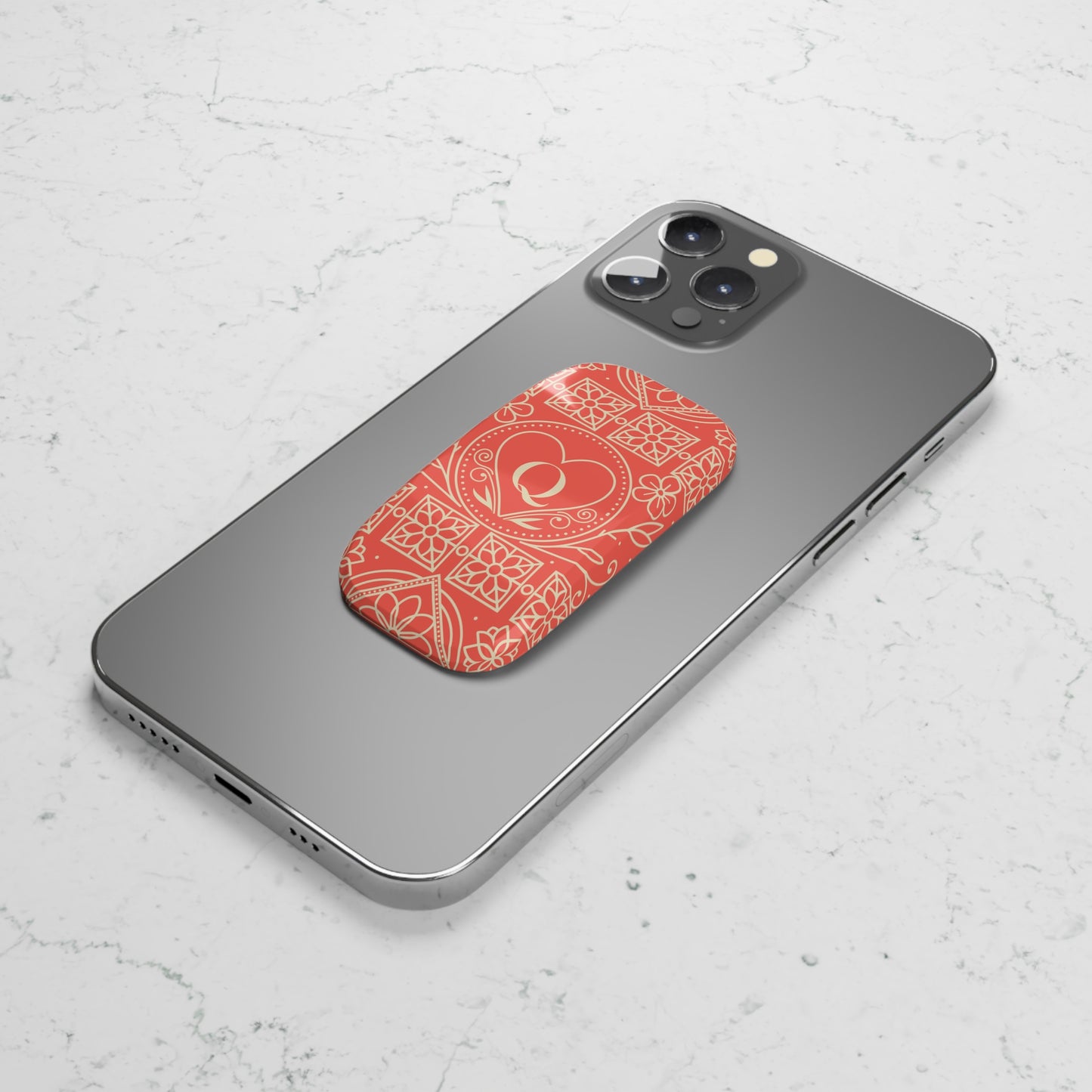 Monogram Q Heart Phone Grip — Coral Floral Click-On Phone Stand & Grip