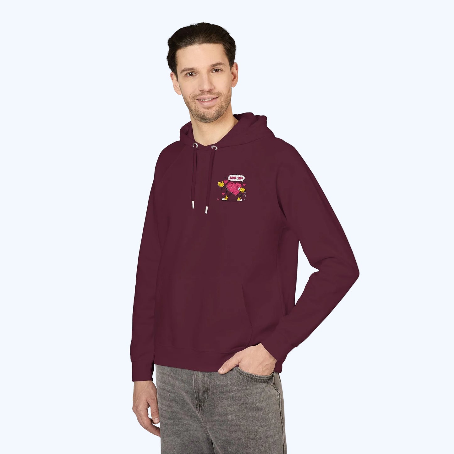 Embroidered Heart & Stars Hoodie — Cute Floral Chest Patch, Eco Raglan Sweatshirt