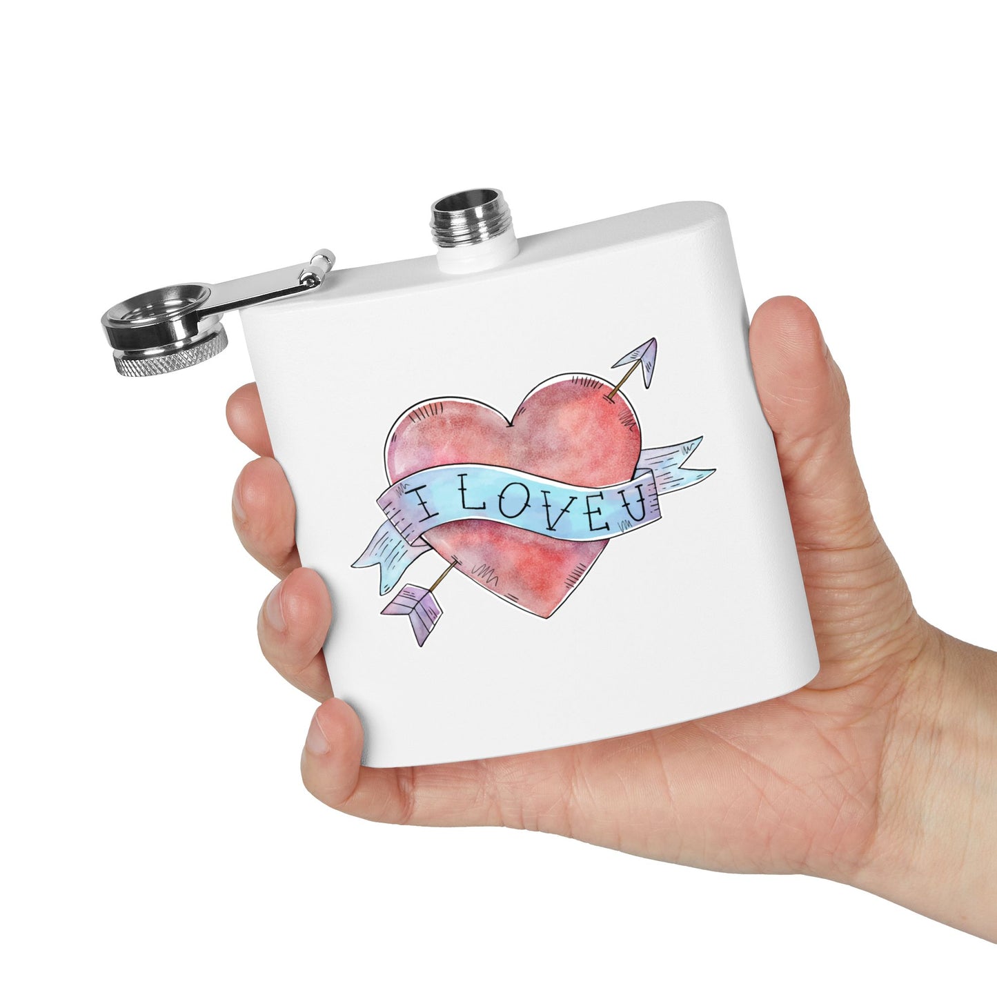 6oz Stainless Steel Flask — Watercolor Heart "I Love U" Design (Valentine’s Gift)