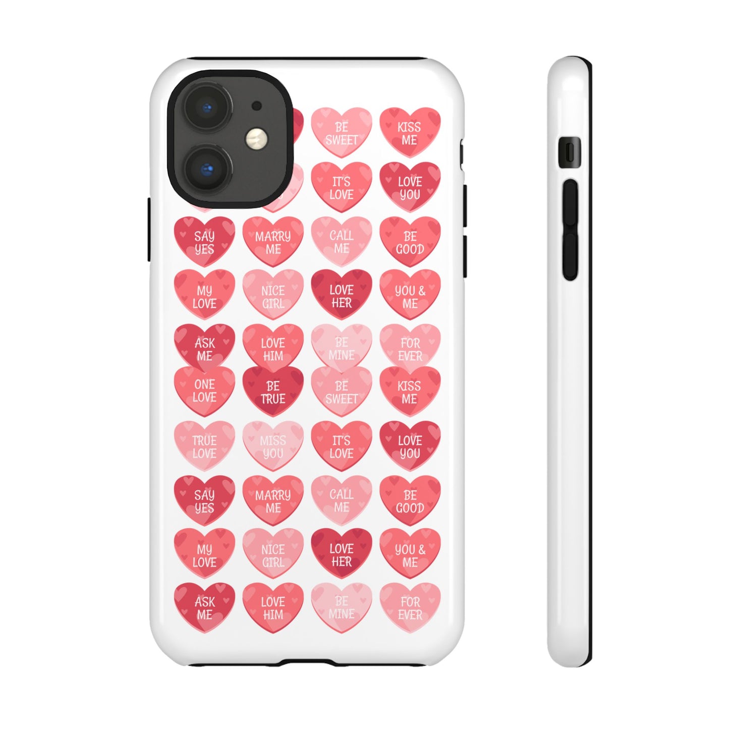 Phone Case — Pink Conversation Heart Pattern, Valentine’s Day Love Messages