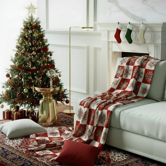 Red Snowflake Checkered Sherpa Blanket — Cozy Holiday Fleece Throw