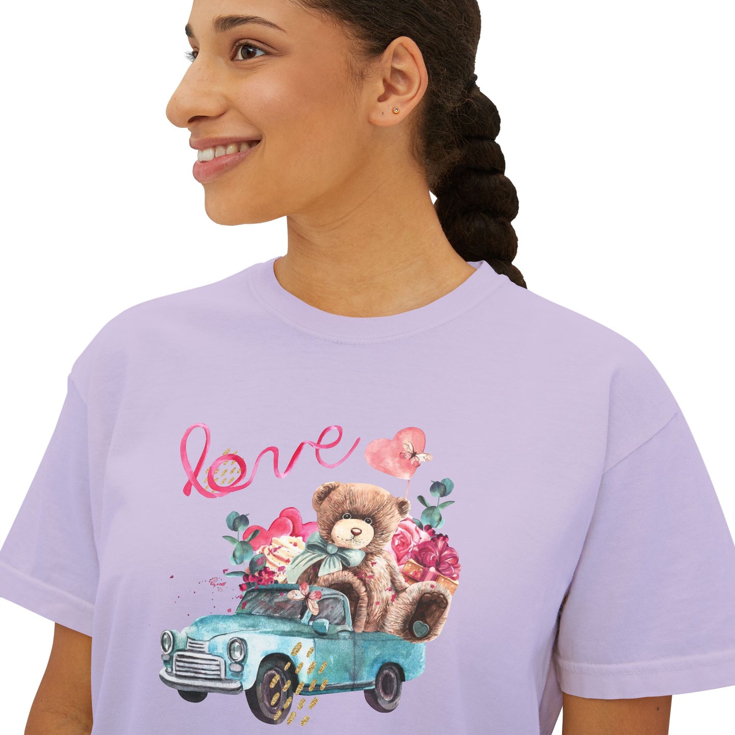 Love Bear Vintage Car Boxy Tee — Cute Valentine's Women's Shirt