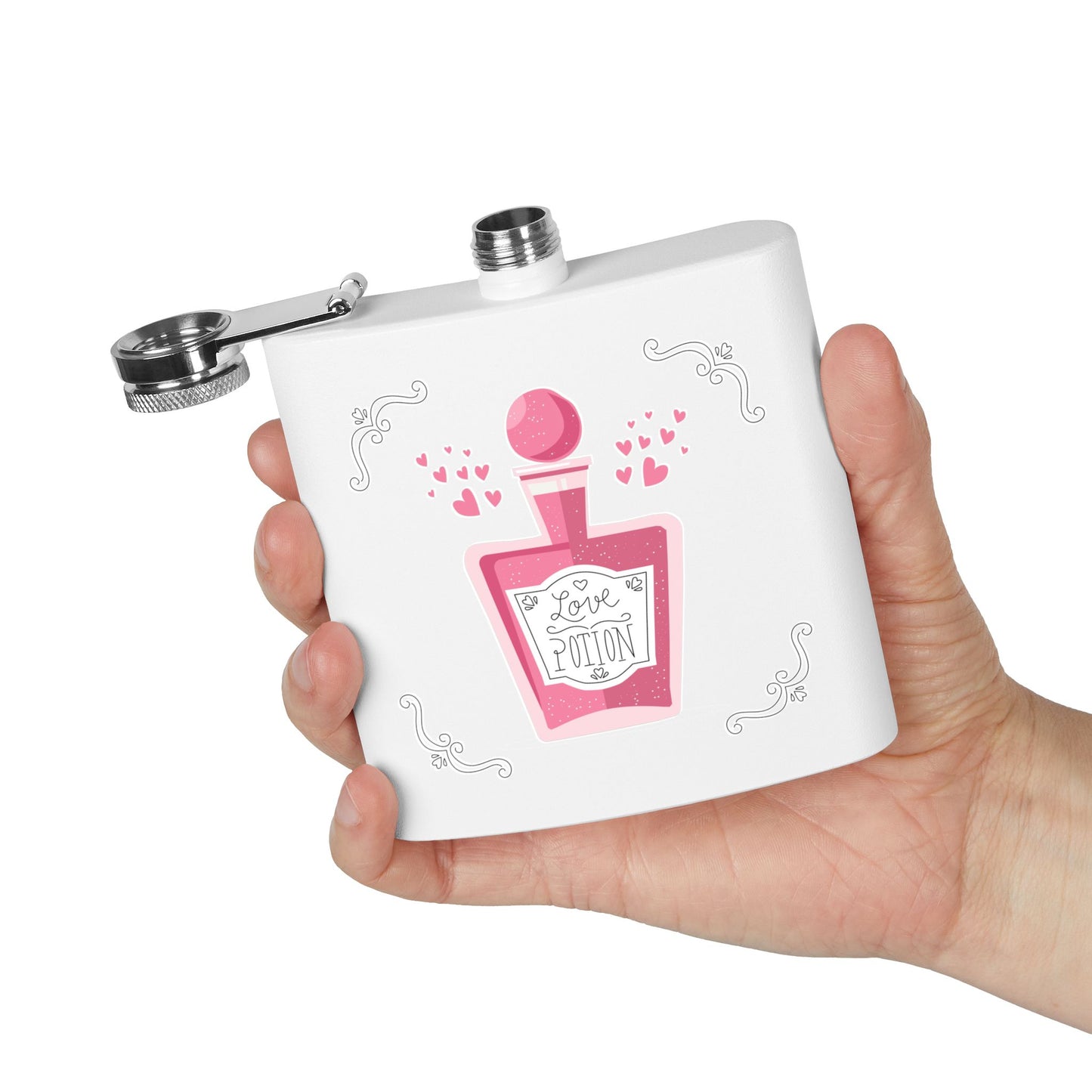 Love Potion Flask — 6oz Stainless Steel Pocket Hip Flask, Romantic Valentine Gift