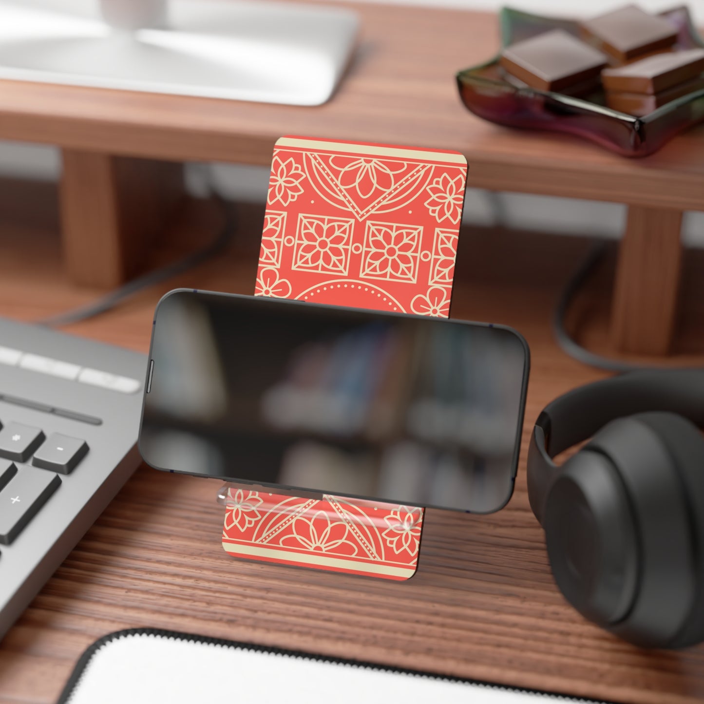Phone Stand — Coral Heart Monogram Mobile Display Stand