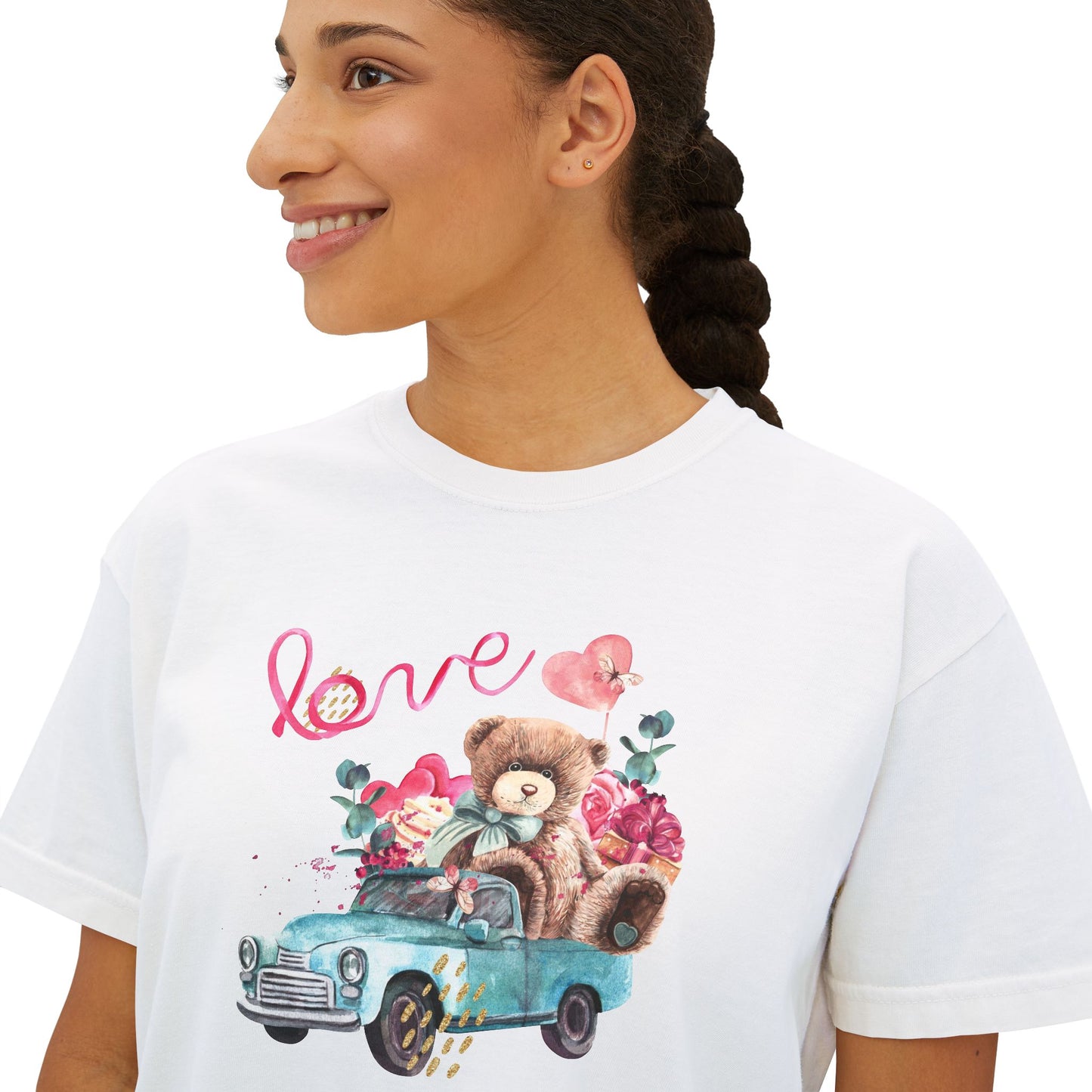 Love Bear Vintage Car Boxy Tee — Cute Valentine's Women's Shirt