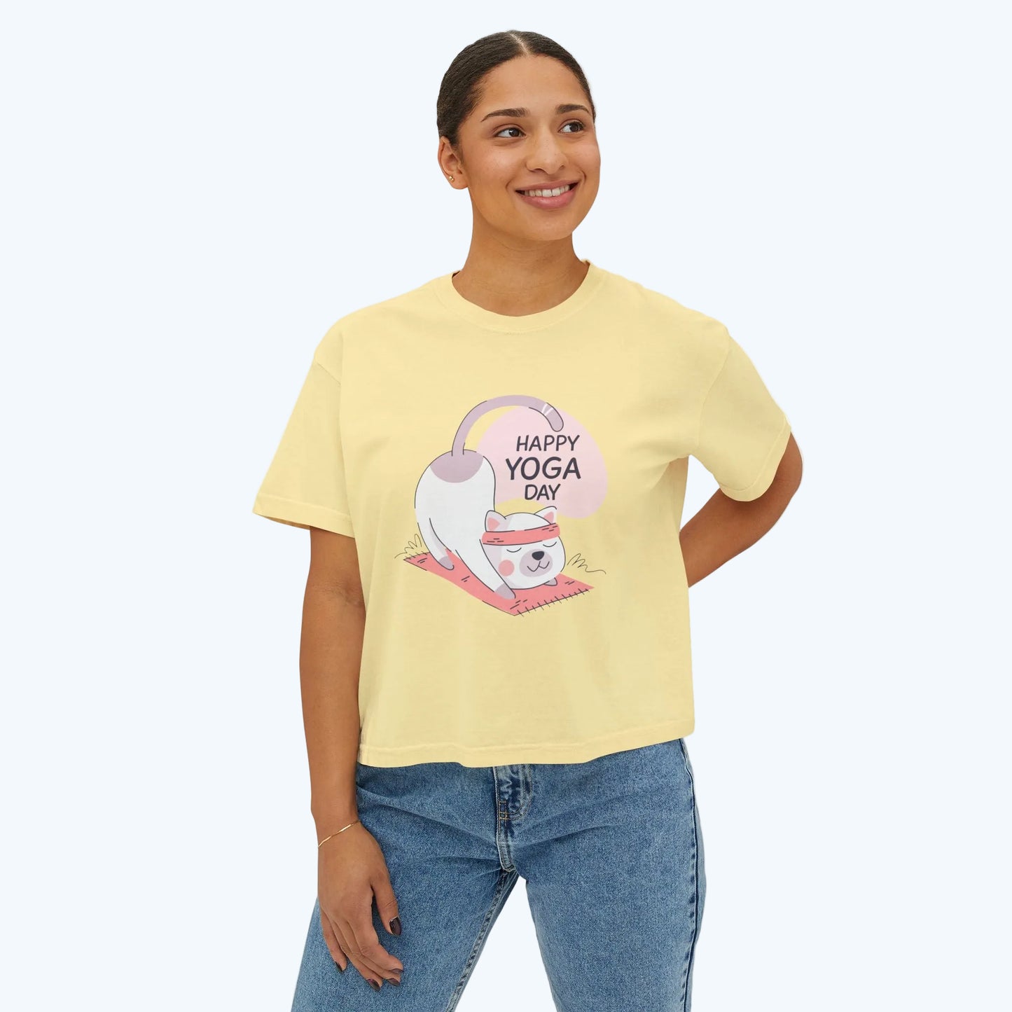 Women's Tee — Cute "Happy Yoga Day" Cat Pose Graphic